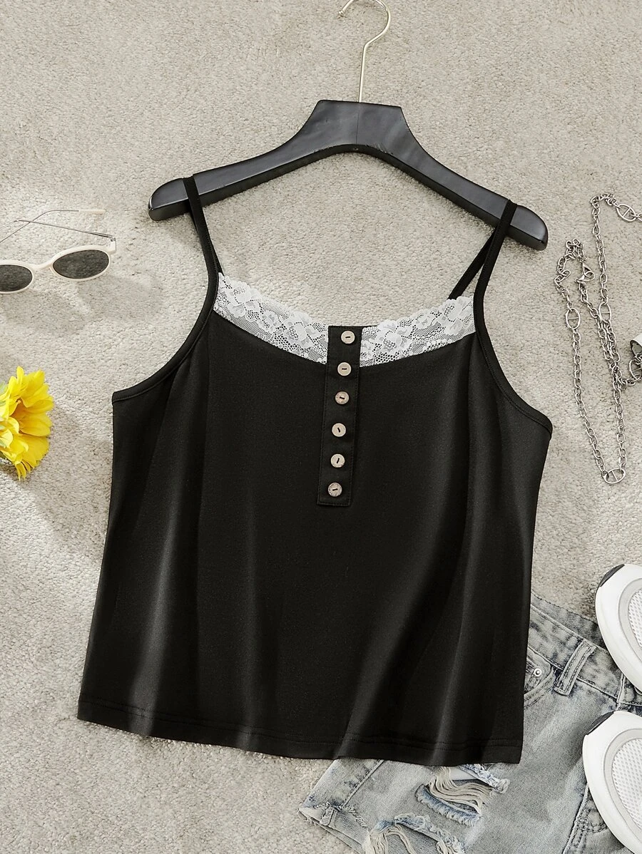 SHEIN LUNE Plus Contrast Lace Cami Top - Black - View 1