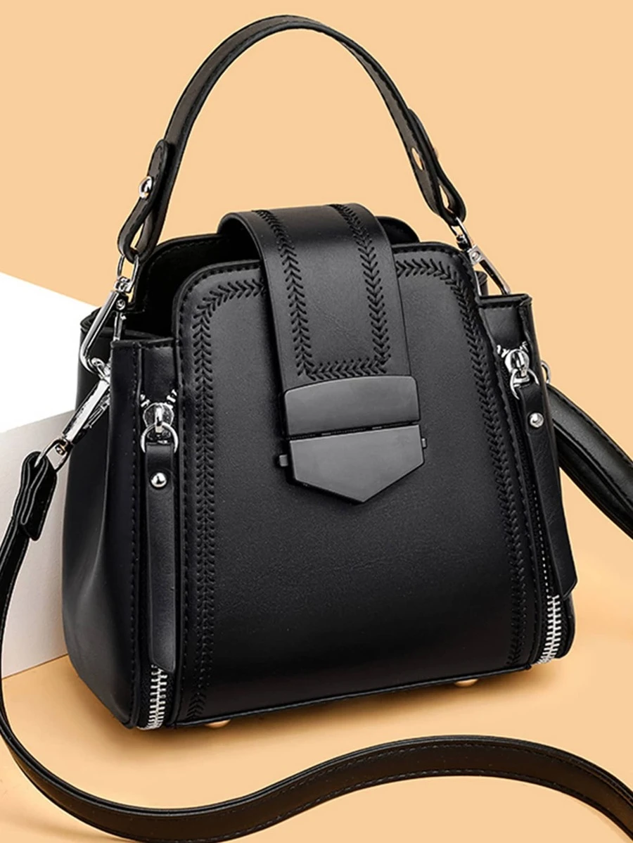 時尚、極簡、休閒、迷你極簡拉鍊前背包,適用於女孩、青少年女孩 - 黑色 - 查看 1