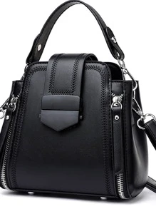 時尚、極簡、休閒、迷你極簡拉鍊前背包,適用於女孩、青少年女孩 - 黑色 - 查看 2