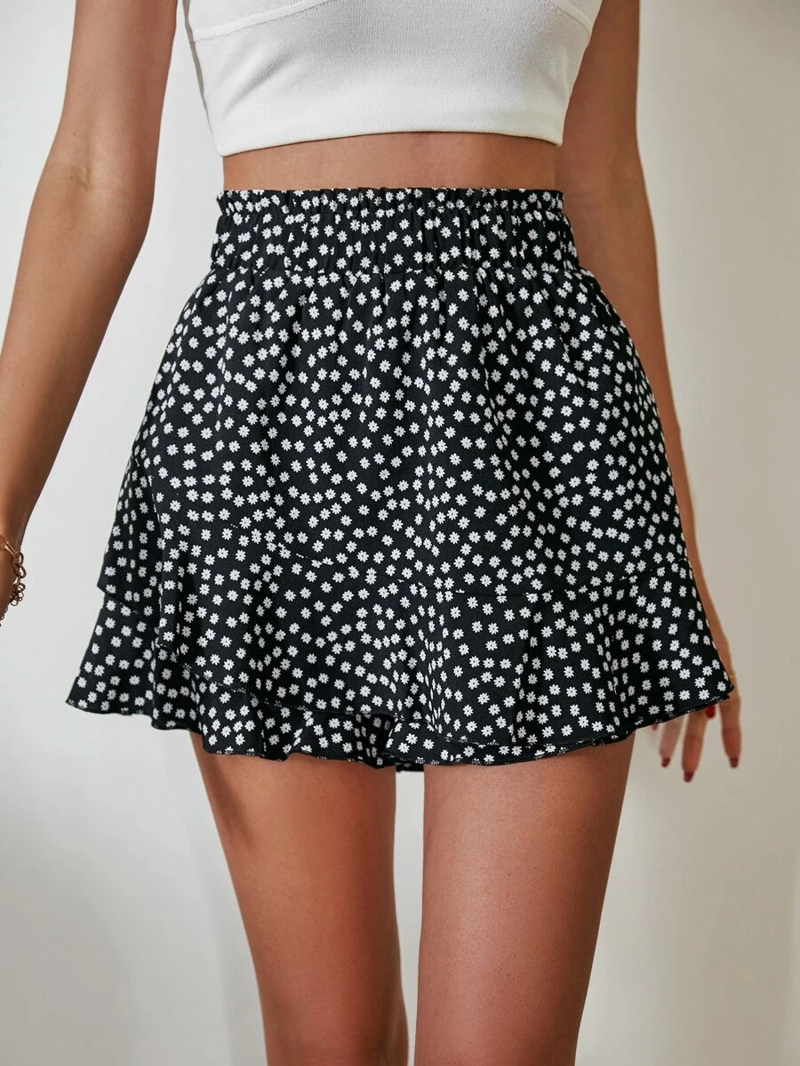 SHEIN VCAY Ditsy Floral Print Paperbag Waist Ruffle Hem Shorts - Black - View 1