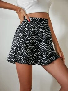 SHEIN VCAY Ditsy Floral Print Paperbag Waist Ruffle Hem Shorts - Black - View 4