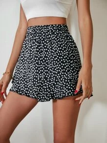 SHEIN VCAY Ditsy Floral Print Paperbag Waist Ruffle Hem Shorts - Black - View 5