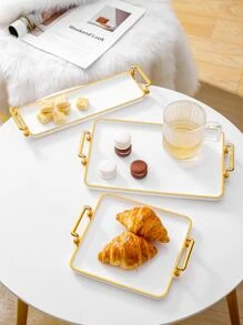 1pc PS Tray With Handle, Luxury Rectangle Food Tray For Table - White - View 1