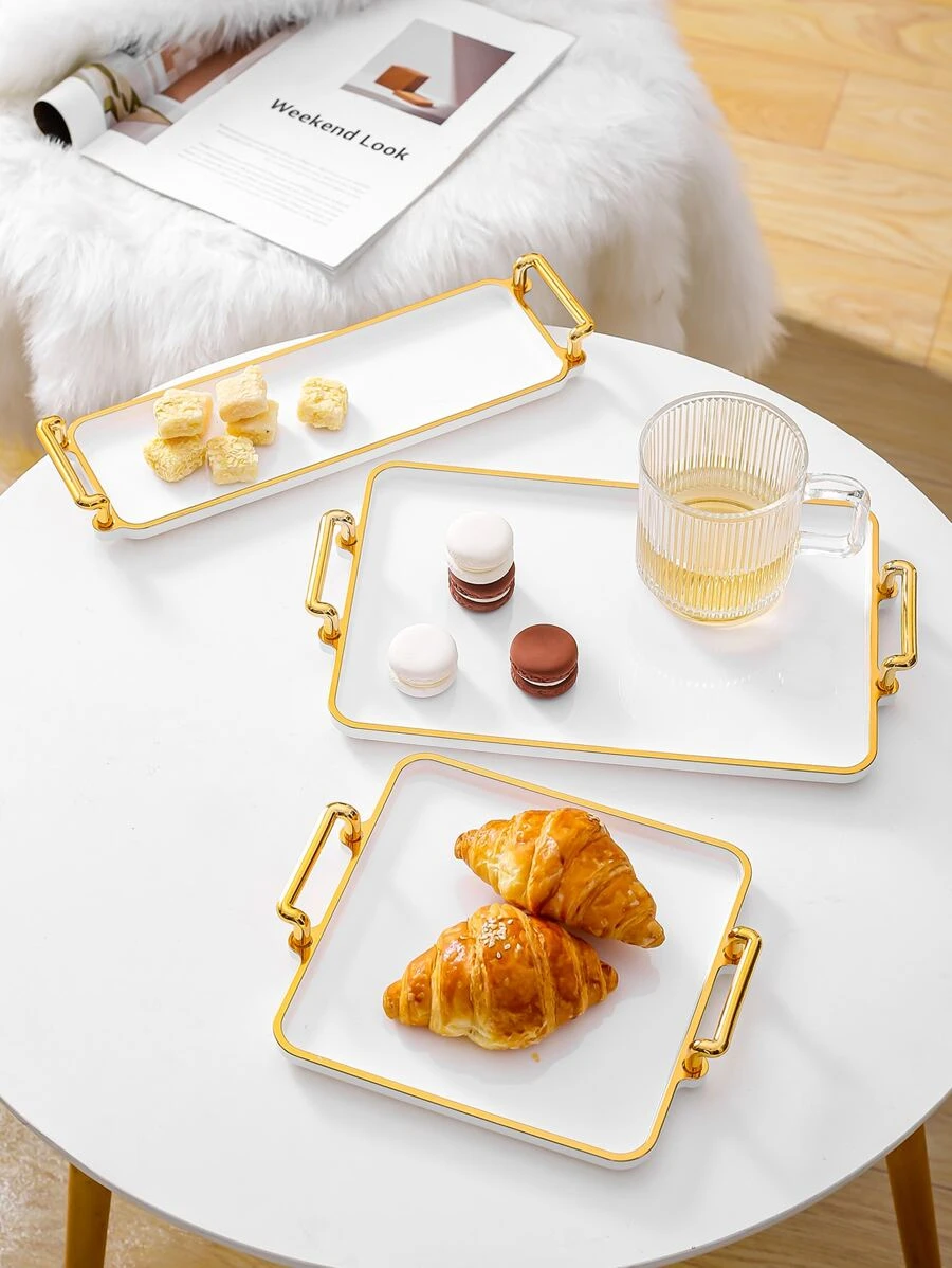 1pc PS Tray With Handle, Luxury Rectangle Food Tray For Table - White - View 1