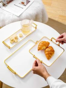 1pc PS Tray With Handle, Luxury Rectangle Food Tray For Table - White - View 2
