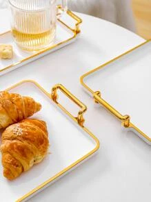 1pc PS Tray With Handle, Luxury Rectangle Food Tray For Table - White - View 5