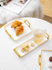 1pc PS Tray With Handle, Luxury Rectangle Food Tray For Table - White - View 6