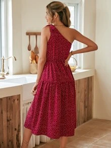 SHEIN VCAY Vestido de lunares de un hombro bajo con fruncido - Rojo - Ver 2