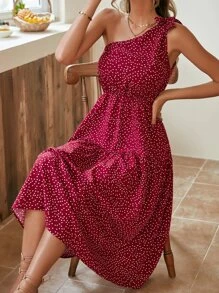 SHEIN VCAY Vestido de lunares de un hombro bajo con fruncido - Rojo - Ver 3