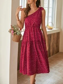 SHEIN VCAY Vestido de lunares de un hombro bajo con fruncido - Rojo - Ver 5