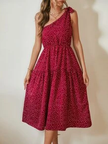 SHEIN VCAY Vestido de lunares de un hombro bajo con fruncido - Rojo - Ver 6