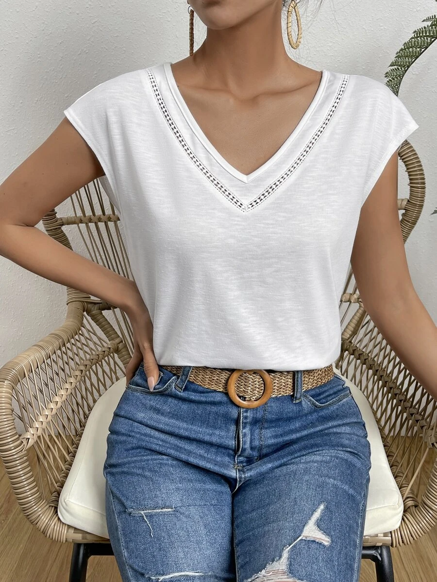 SHEIN LUNE Guipure Lace Panel Batwing Sleeve Tee - White - View 1