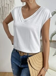 SHEIN LUNE Guipure Lace Panel Batwing Sleeve Tee - White - View 3