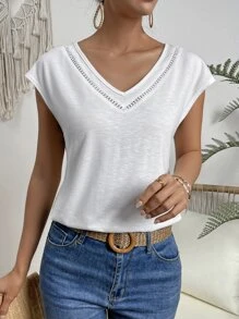 SHEIN LUNE Guipure Lace Panel Batwing Sleeve Tee - White - View 4