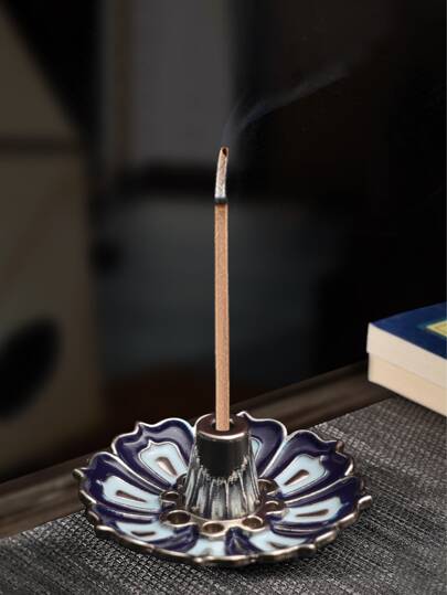 1pc Blue Lotus Shaped Incense Burner, Minimalist Zinc Alloy Incense Holder For Indoor