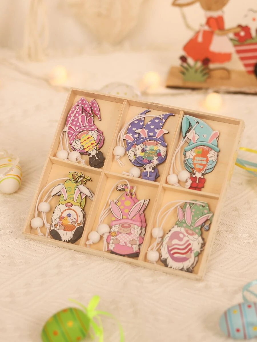 12pcs/set Easter Egg & Gnome Design Wall Hanging, Cartoon Wood Hanging Decoration For Home