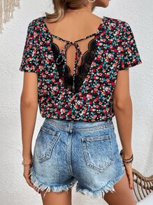 SHEIN Frenchy Áo sơ mi nữ Tương phản ren Buộc lại Họa tiết hoa Boho - Nhiều màu - Xem 1