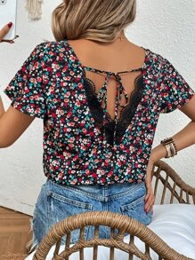 SHEIN Frenchy Áo sơ mi nữ Tương phản ren Buộc lại Họa tiết hoa Boho - Nhiều màu - Xem 3