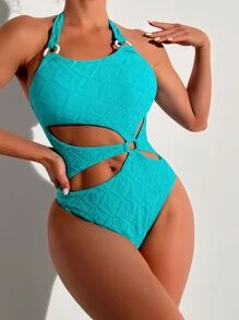 Phụ nữ một mảnh Cắt ra Nhẫn màu trơn - Màu xanh lam - Xem 1