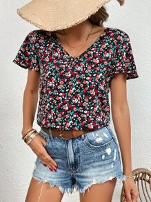 SHEIN Frenchy Áo sơ mi nữ Tương phản ren Buộc lại Họa tiết hoa Boho - Nhiều màu - Xem 5
