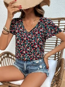 SHEIN Frenchy Áo sơ mi nữ Tương phản ren Buộc lại Họa tiết hoa Boho - Nhiều màu - Xem 6