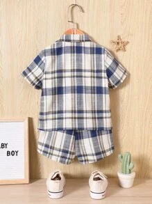 SHEIN Explorewe 男嬰格紋印花西裝領襯衫和短褲