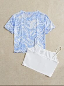 青少年女孩大理石圖案木耳邊T恤和吊帶上衣 - 藍白色 - 查看 2