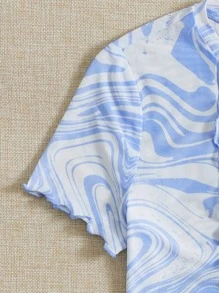 青少年女孩大理石圖案木耳邊T恤和吊帶上衣 - 藍白色 - 查看 3