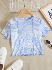 青少年女孩大理石圖案木耳邊T恤和吊帶上衣 - 藍白色 - 查看 5