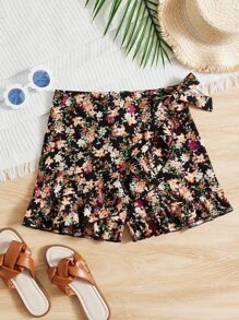 SHEIN Chicas adolescentes Skort con estampado floral ribete con fruncido cruzado con nudo lateral bajo con fruncido - Multicolor - Ver 1
