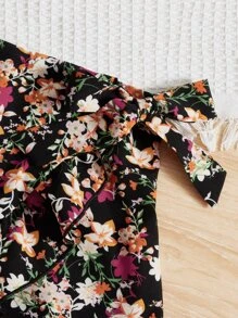 SHEIN Chicas adolescentes Skort con estampado floral ribete con fruncido cruzado con nudo lateral bajo con fruncido - Multicolor - Ver 3