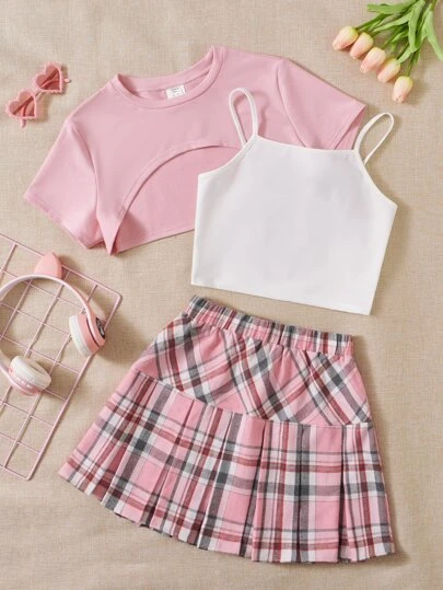 SHEIN Veckade Hög Låg Pläd Enkel Flickors Tvådelade Outfit
