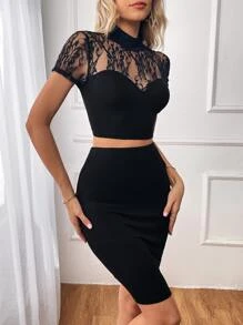 SHEIN Privé Contrast Lace Mock Neck Crop Tee & Bodycon Skirt - Black - View 5