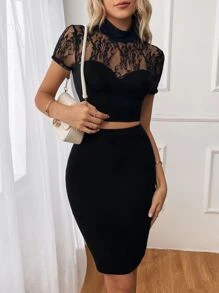SHEIN Privé Contrast Lace Mock Neck Crop Tee & Bodycon Skirt - Black - View 3