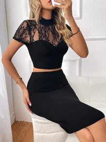 SHEIN Privé Contrast Lace Mock Neck Crop Tee & Bodycon Skirt - Black - View 1