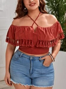 SHEIN VCAY 大碼流蘇邊十字交叉後背繫帶短款上衣 - 乾枯玫瑰色 - 查看 4