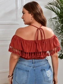 SHEIN VCAY 大碼流蘇邊十字交叉後背繫帶短款上衣 - 乾枯玫瑰色 - 查看 2