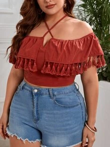 SHEIN VCAY 大碼流蘇邊十字交叉後背繫帶短款上衣 - 乾枯玫瑰色 - 查看 1