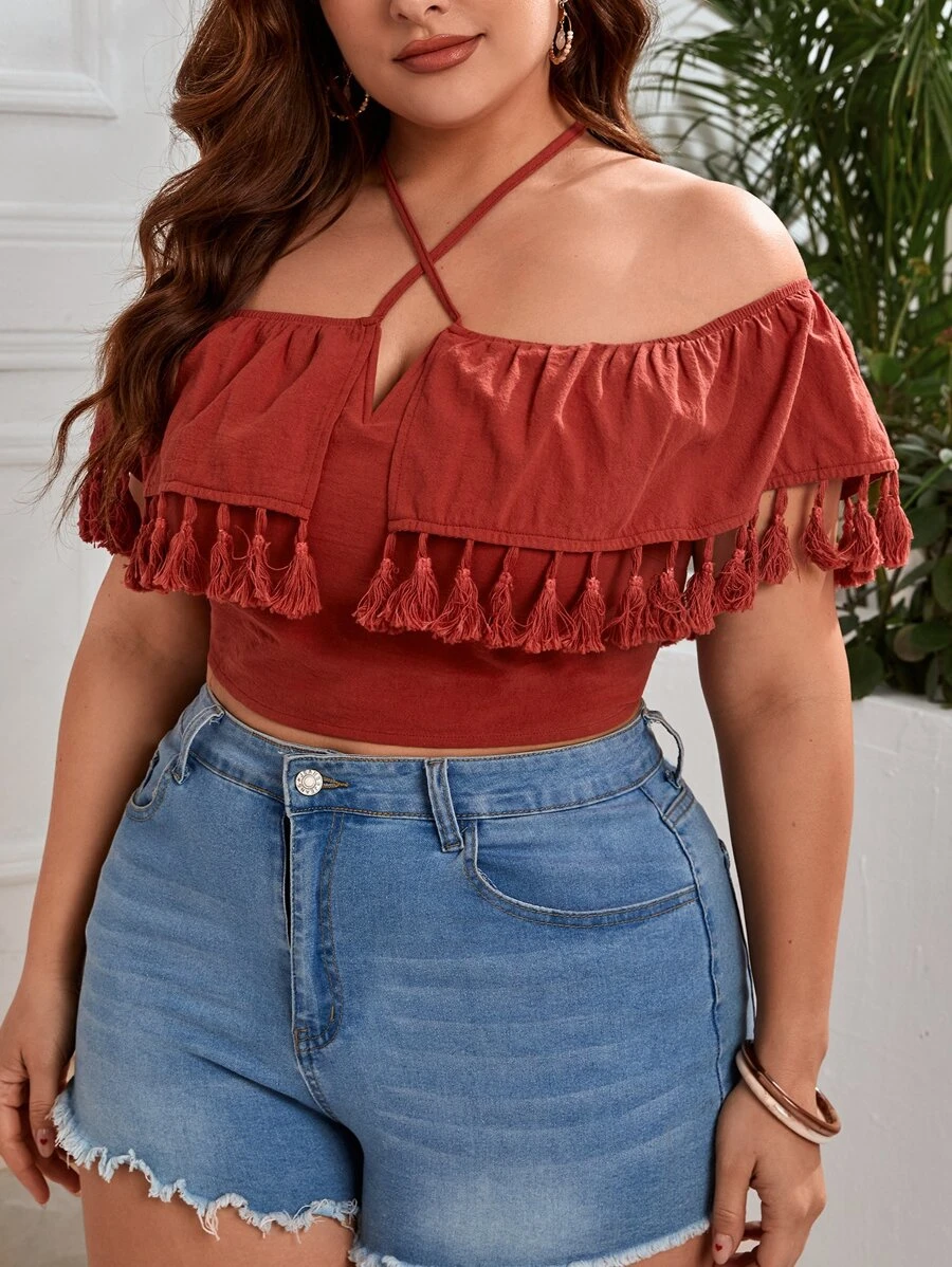 SHEIN VCAY 大碼流蘇邊十字交叉後背繫帶短款上衣 - 乾枯玫瑰色 - 查看 1