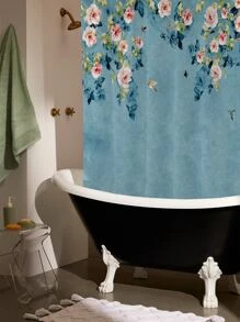 1入組花卉圖案防水浴簾帶12入組掛鉤現代花鳥印花浴室防水浴簾 - 彩色 - 查看 2
