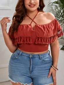 SHEIN VCAY 大碼流蘇邊十字交叉後背繫帶短款上衣 - 乾枯玫瑰色 - 查看 3