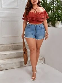 SHEIN VCAY 大碼流蘇邊十字交叉後背繫帶短款上衣 - 乾枯玫瑰色 - 查看 5