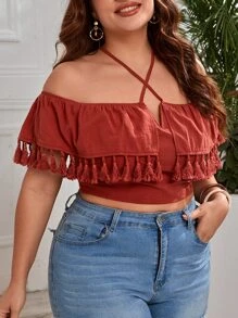 SHEIN VCAY 大碼流蘇邊十字交叉後背繫帶短款上衣 - 乾枯玫瑰色 - 查看 6