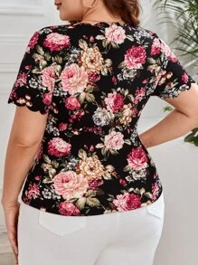 SHEIN Clasi Plus Floral Print Scallop Trim Tee - Black - View 2