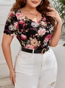 SHEIN Clasi Plus Floral Print Scallop Trim Tee - Black - View 1