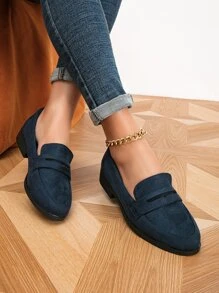 Jesienno-zimowe damskie mokasyny minimalistyczne ze sztucznego zamszu, eleganckie, płaskie, niebieskie