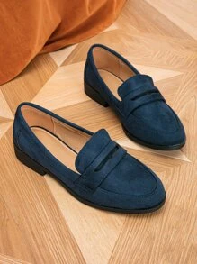 Jesienno-zimowe damskie mokasyny minimalistyczne ze sztucznego zamszu, eleganckie, płaskie, niebieskie