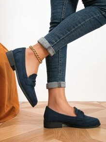 Jesienno-zimowe damskie mokasyny minimalistyczne ze sztucznego zamszu, eleganckie, płaskie, niebieskie