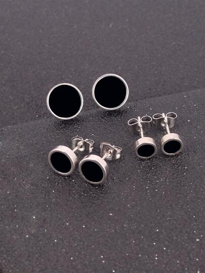 3pairs/set Men Round Stud Earrings Stainless Steel Punk Hip Pop Style