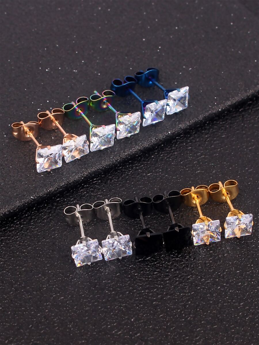 6對/套男士方晶鋯石方形耳釘不銹鋼龐克嘻哈風格 - 彩色 - 查看 1